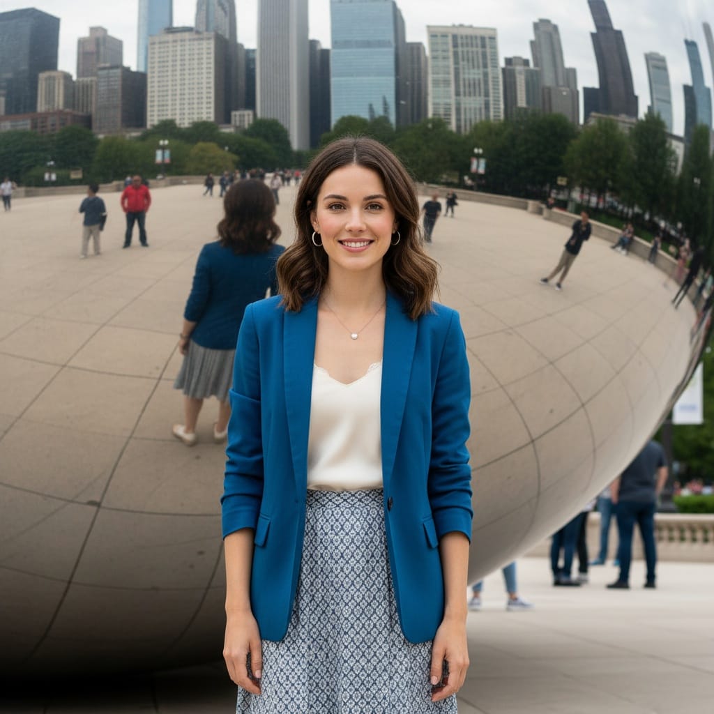 petite white woman millennium park bean sculpture 11737782
