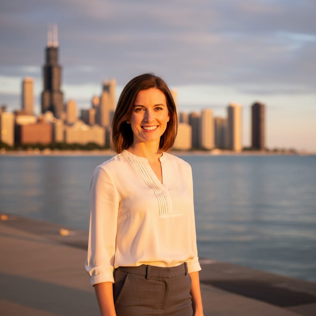 petite white woman navy pier skyline backdrop 55987917