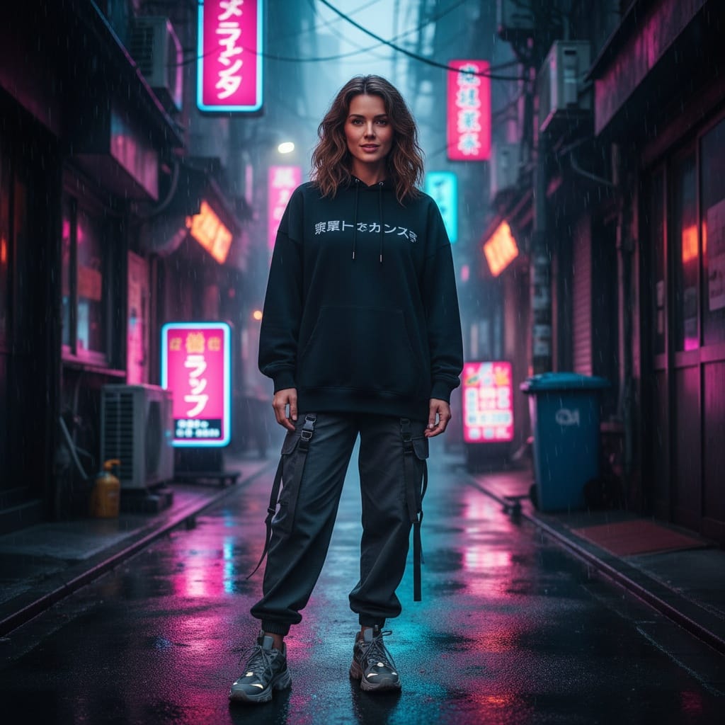 petite white woman neon lit alley portrait 45825938