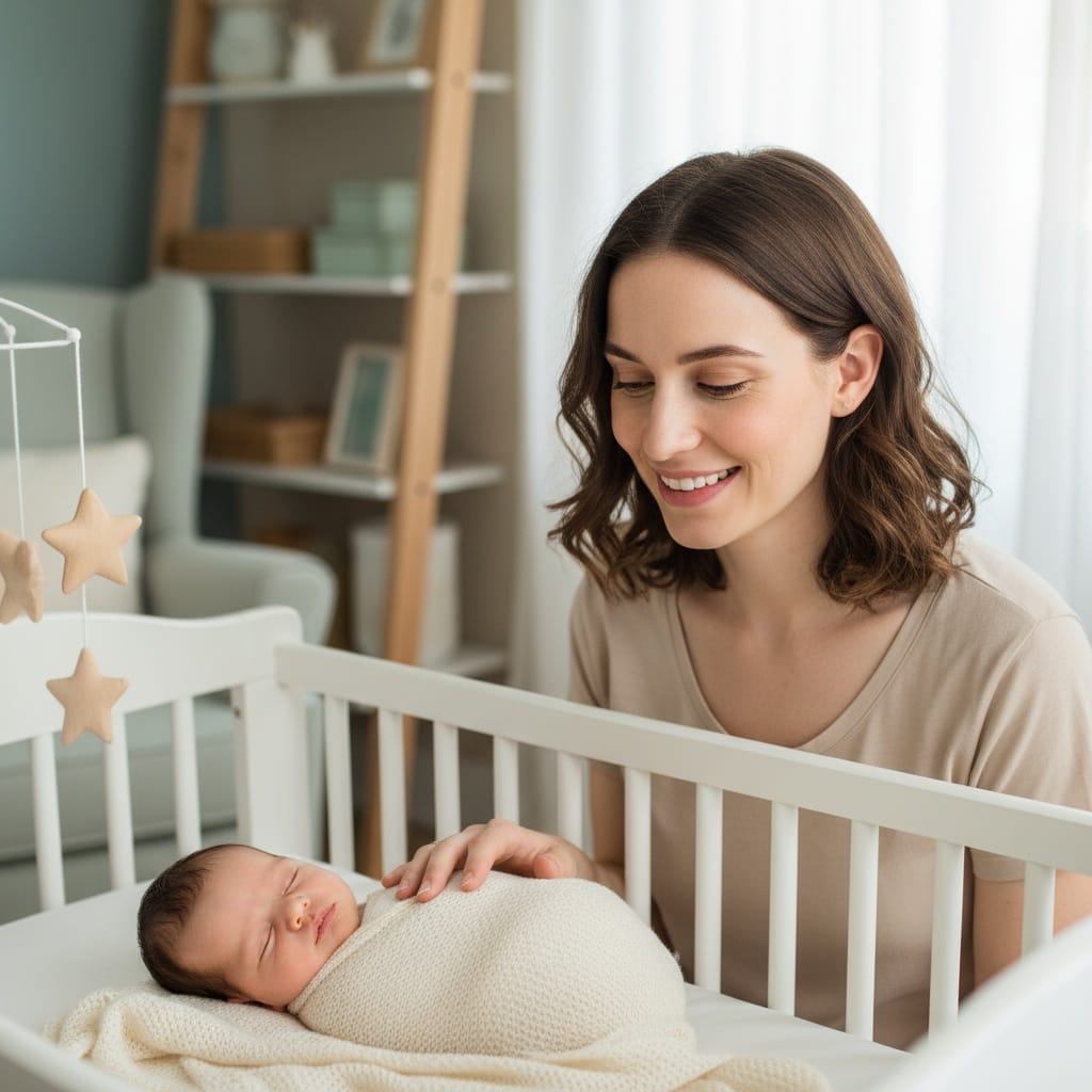 petite white woman newborn sleeping parent watching 15614945