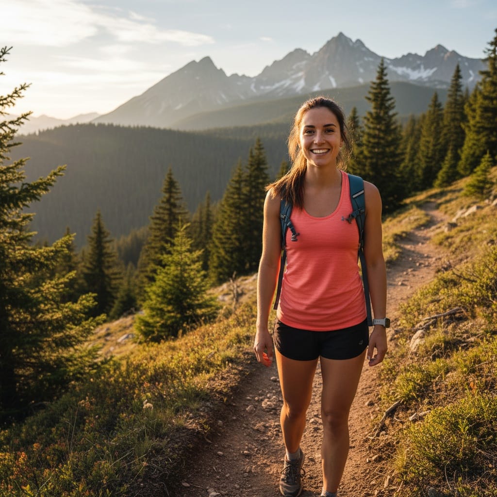 petite white woman outdoor adventure trail 79778353