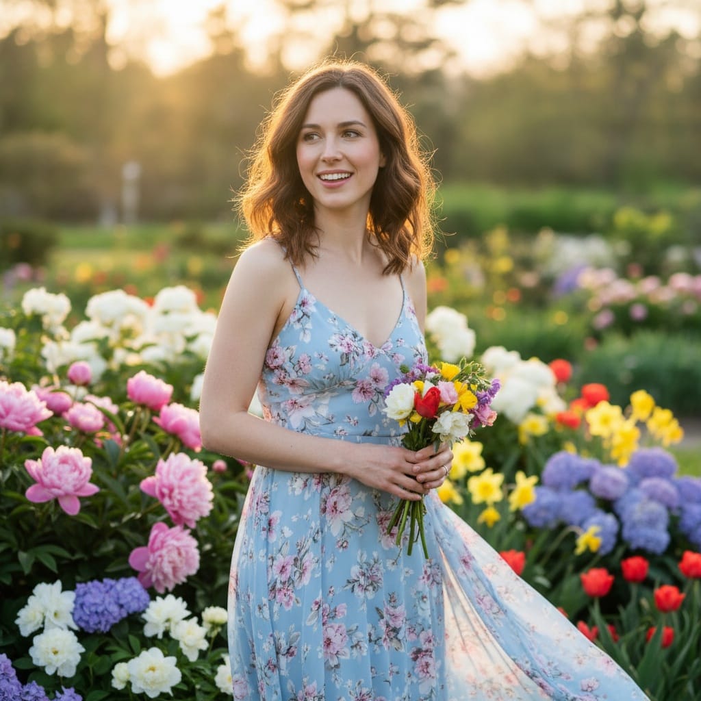 petite white woman outdoor garden portrait 61935812