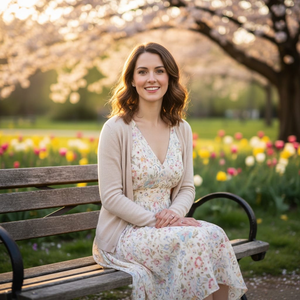 petite white woman outdoor park bench 69377678