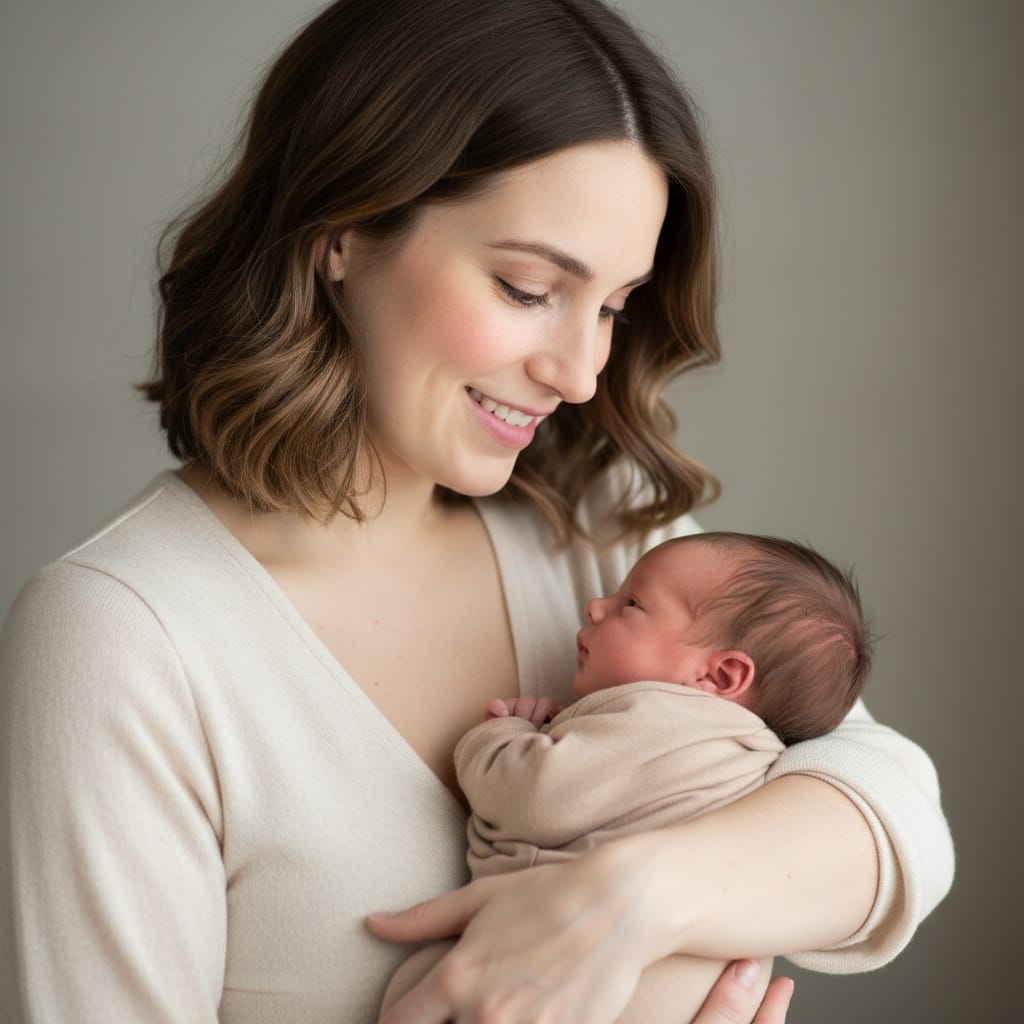 petite white woman parent gazing at newborn 95049815