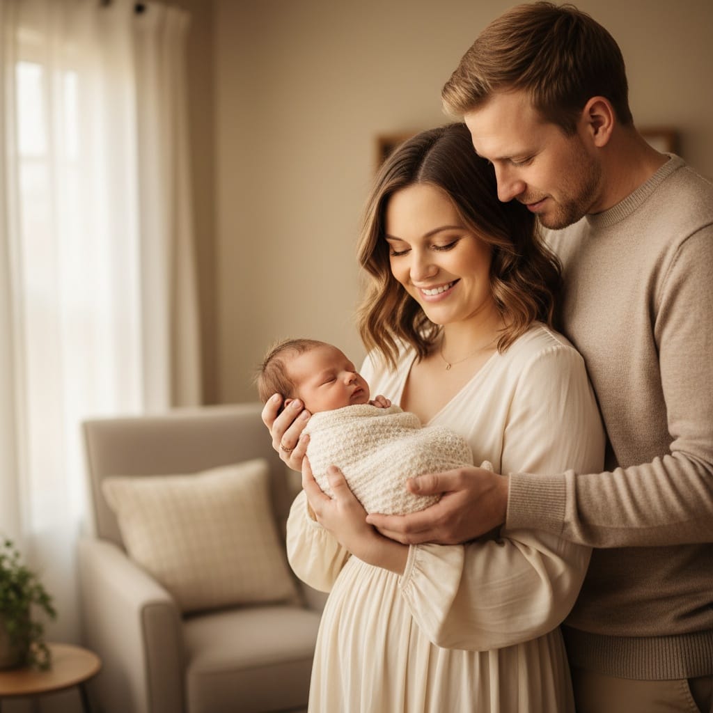 petite white woman parents holding newborn together 63497748
