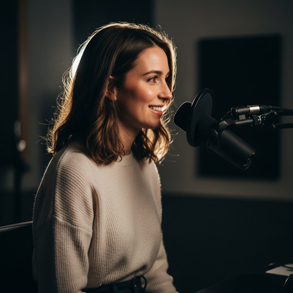petite white woman profile microphone closeup 85904618