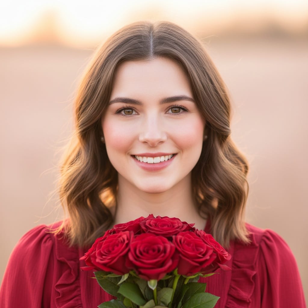 petite white woman romantic rose bouquet portrait 17478239
