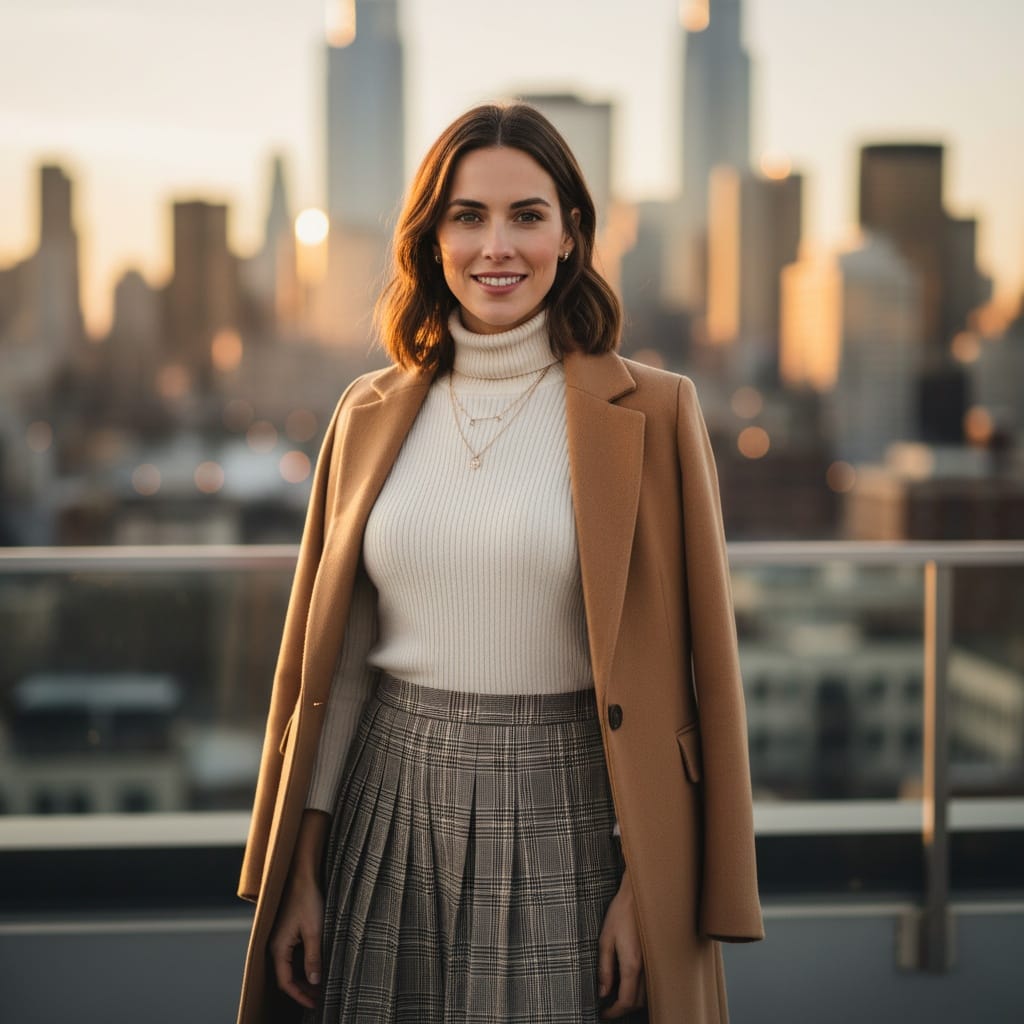 petite white woman rooftop city view 63077984