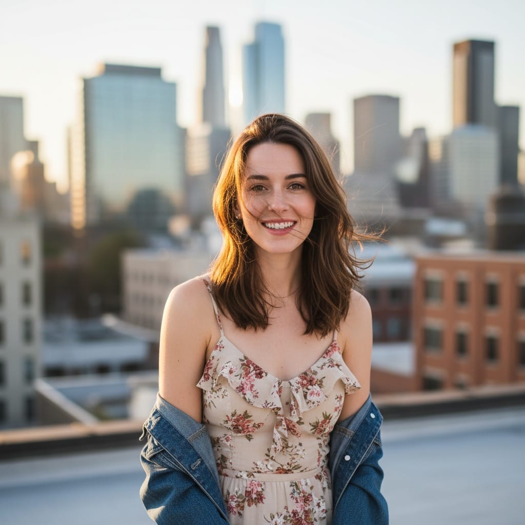 petite white woman rooftop golden hour 97267628