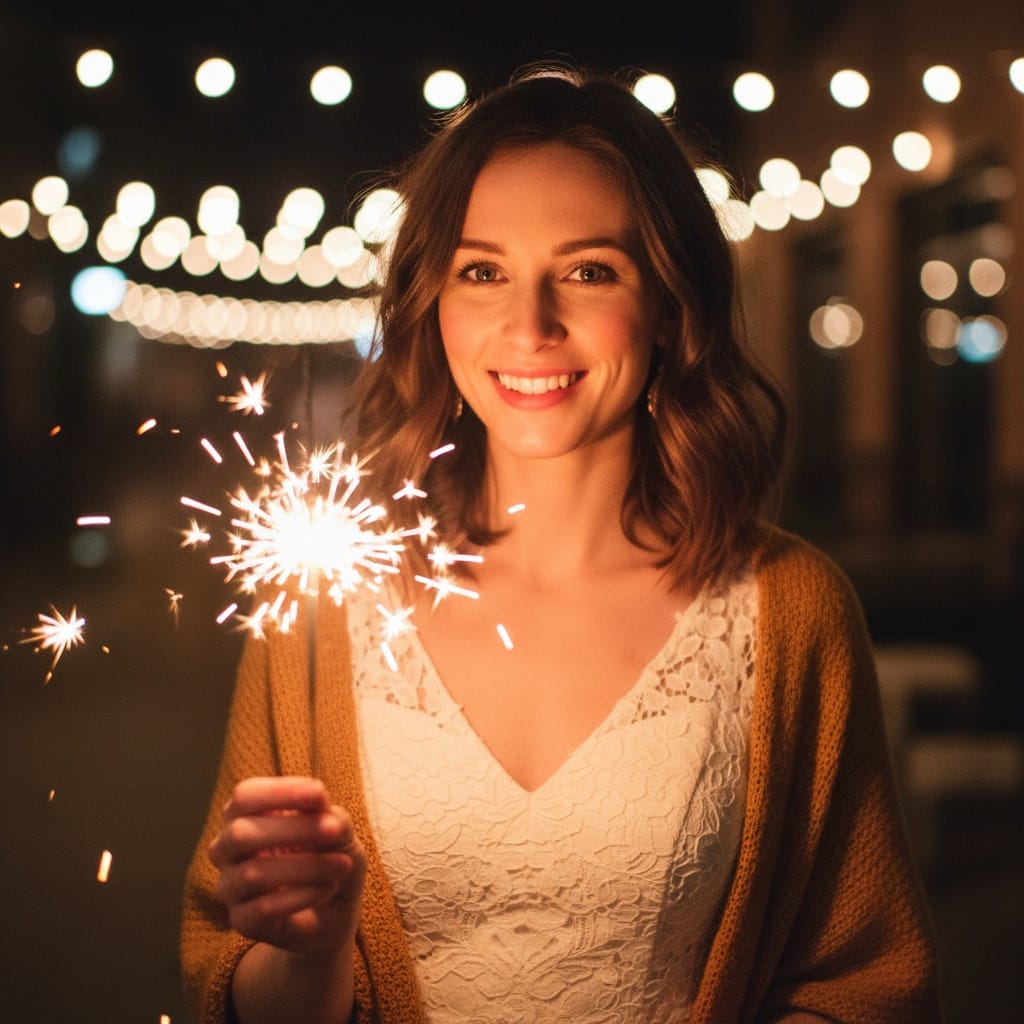 petite white woman sparkler outdoor night 53838702