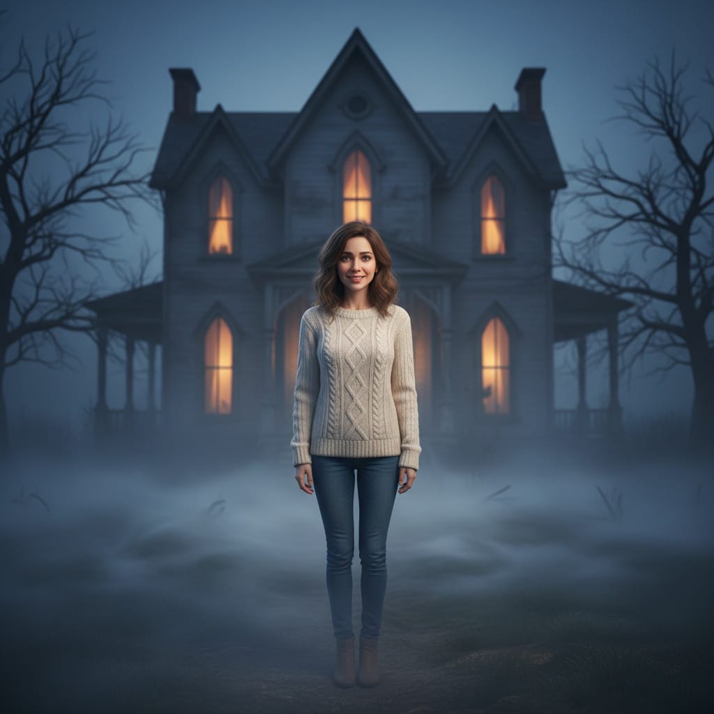petite white woman spooky haunted house 10366080