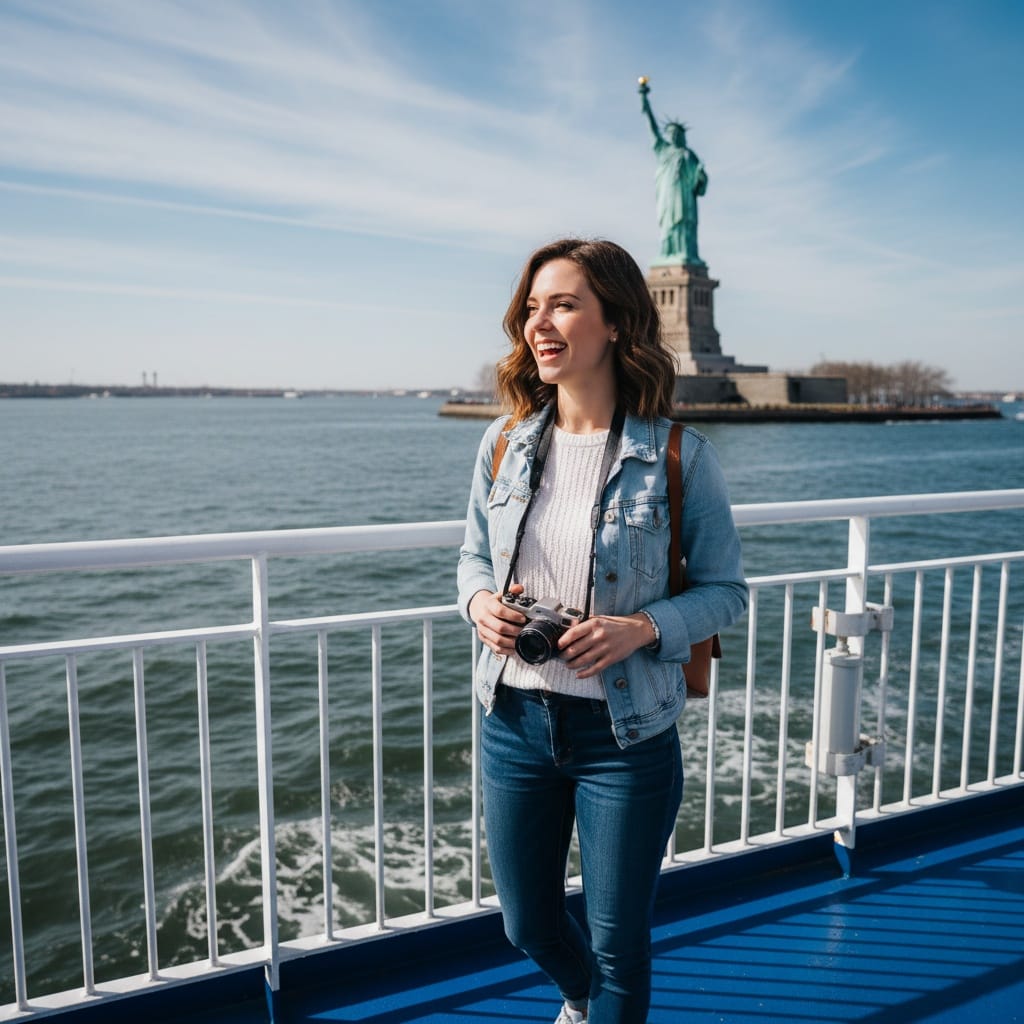 petite white woman statue of liberty ferry 49841899