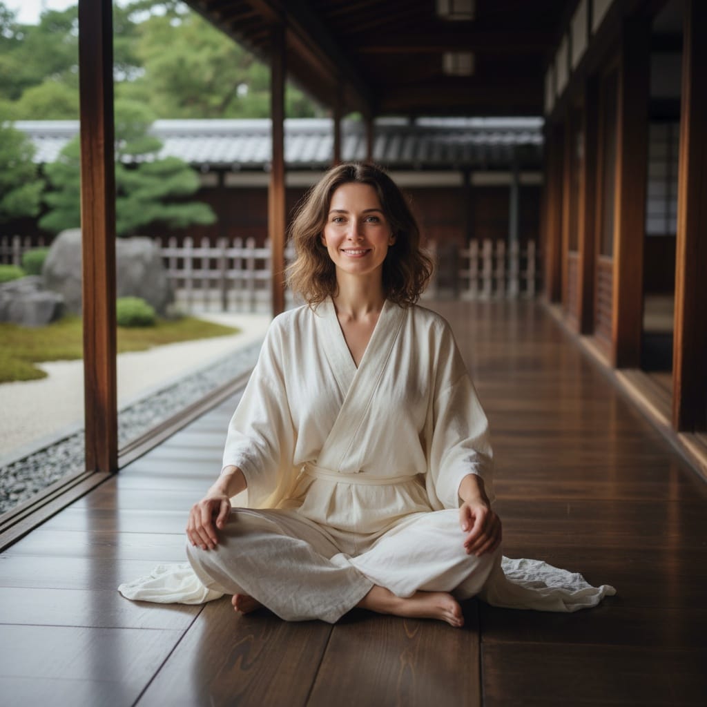 petite white woman temple corridor meditation 53001062