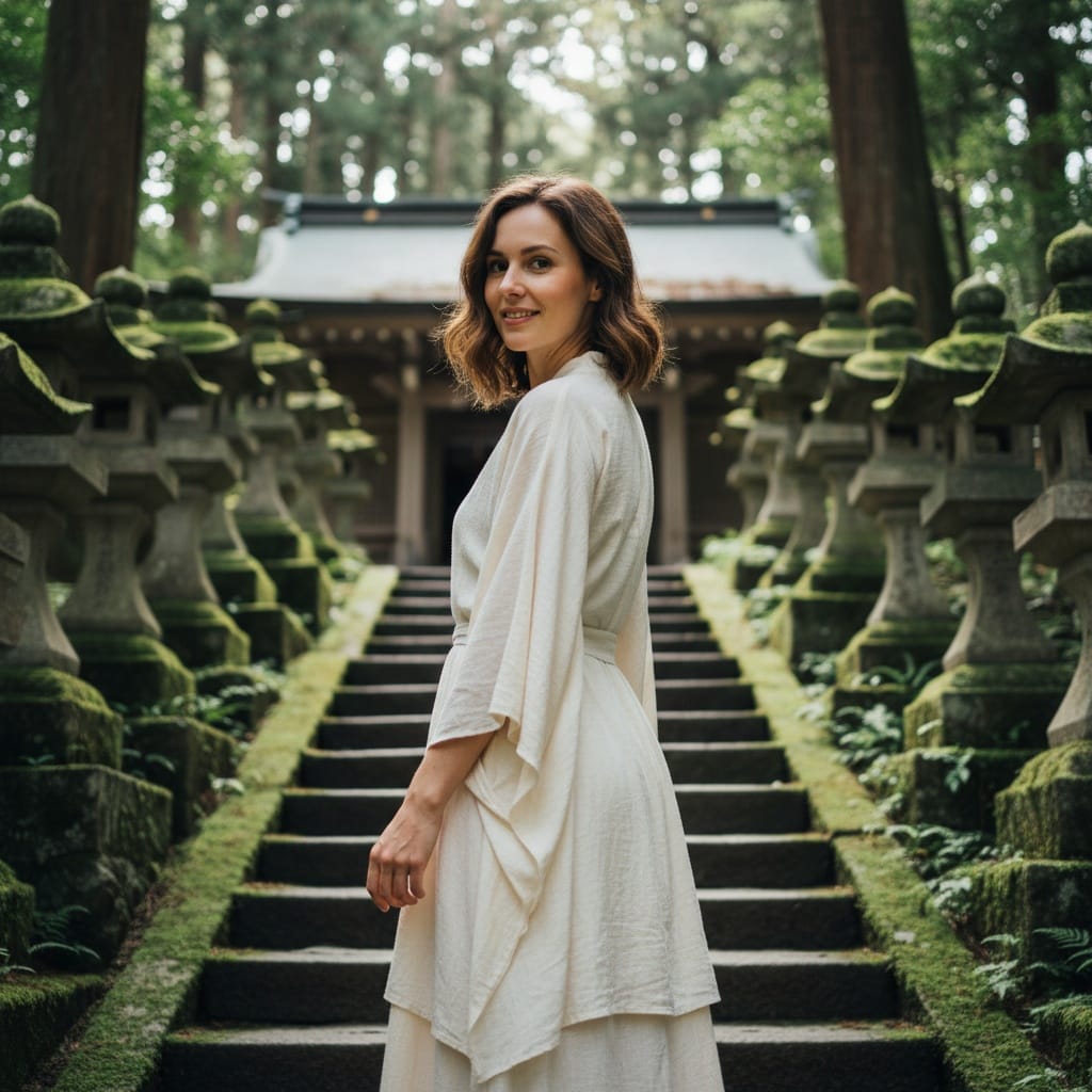 petite white woman temple steps lanterns 64430246