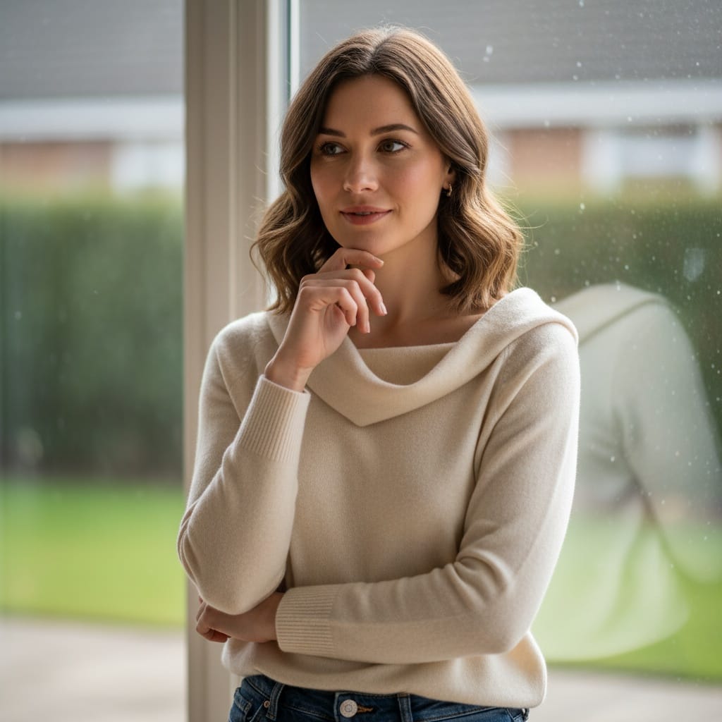 petite white woman thoughtful window lighting 33878896