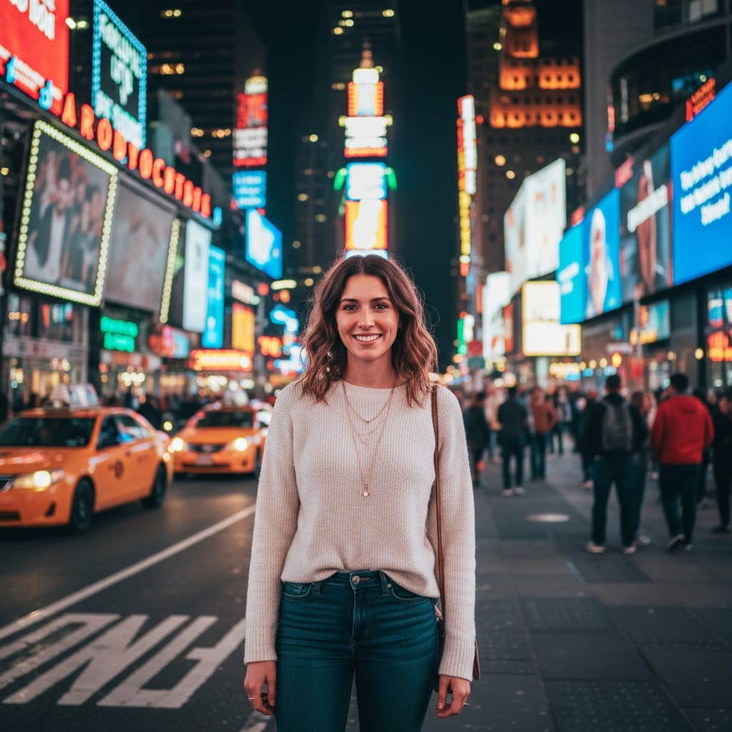 petite white woman times square neon lights 52575419