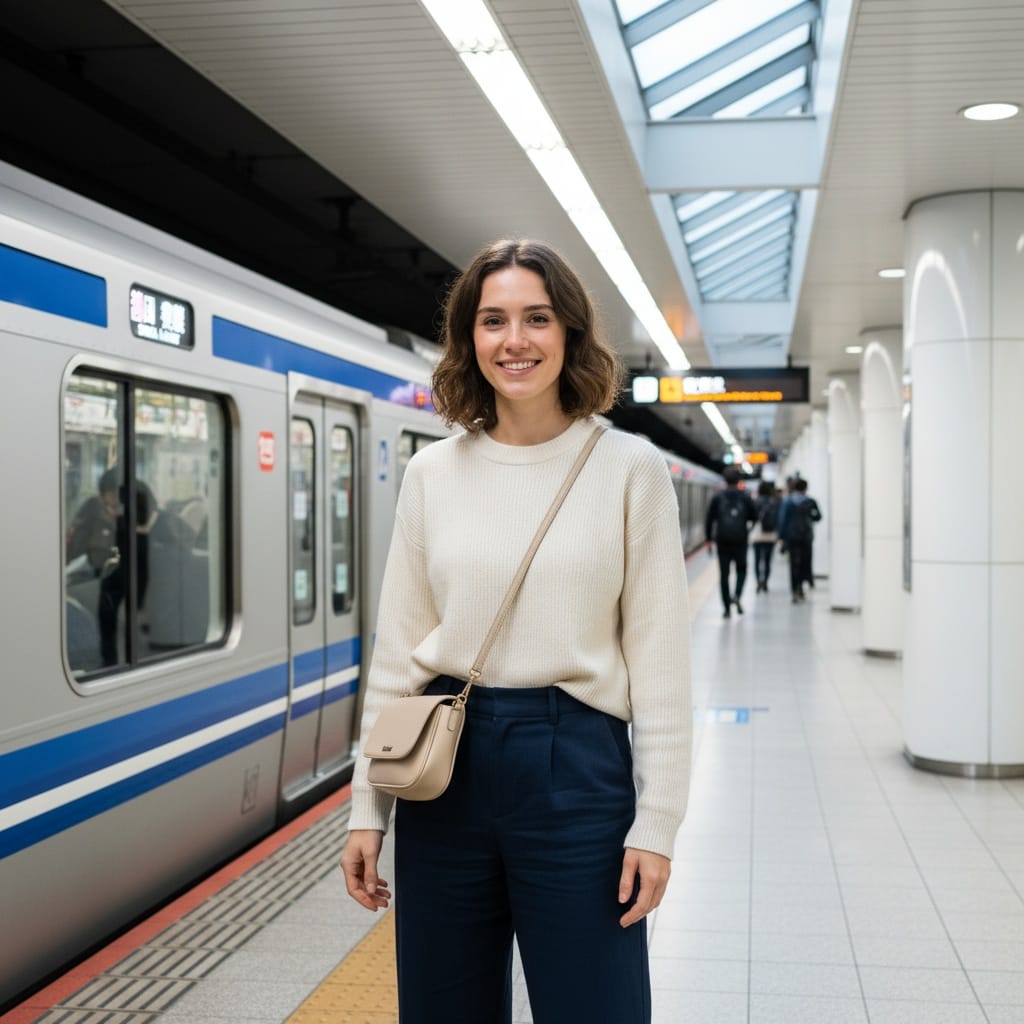 petite white woman tokyo metro platform 98175706
