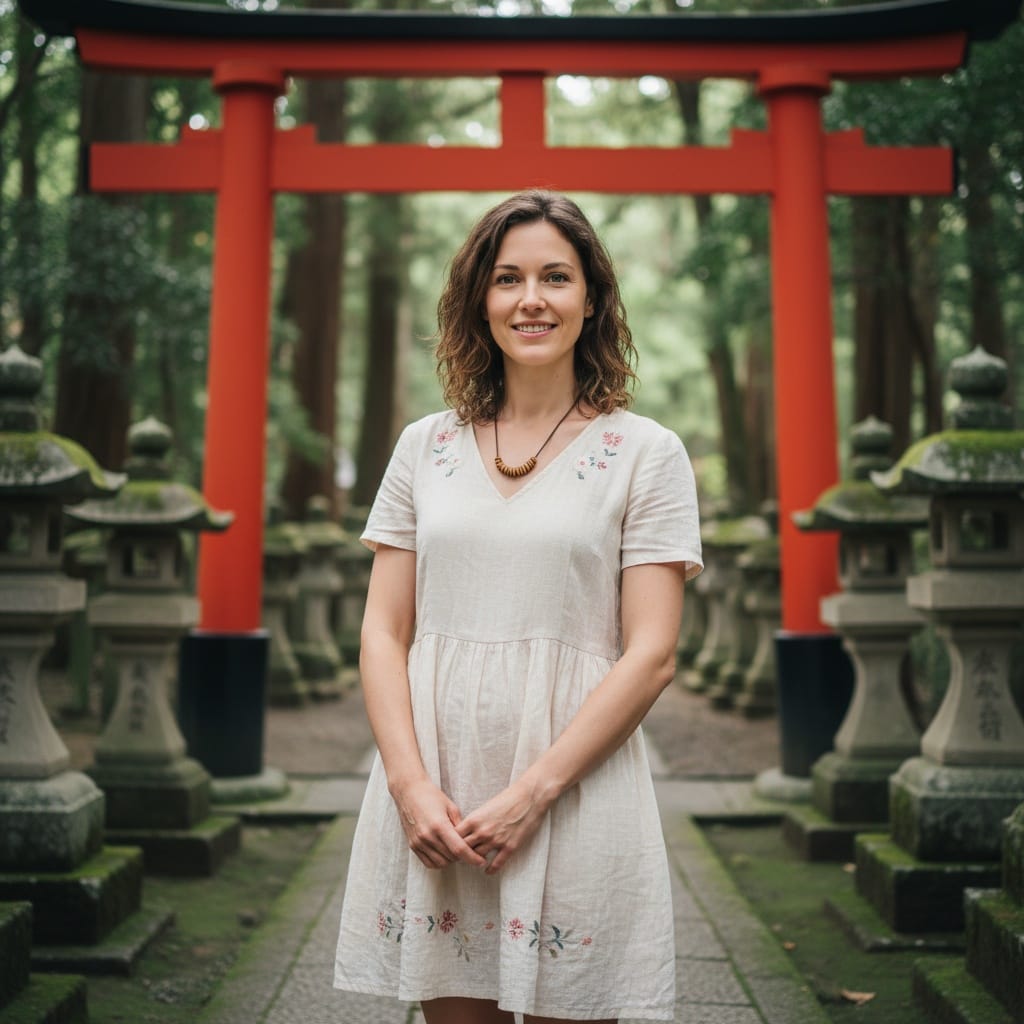 petite white woman traditional torii gate 75522838