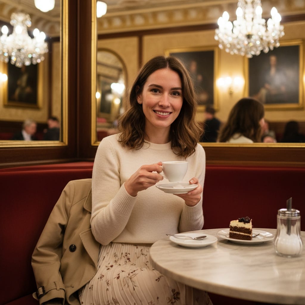 petite white woman vienna coffee house interior 83008603