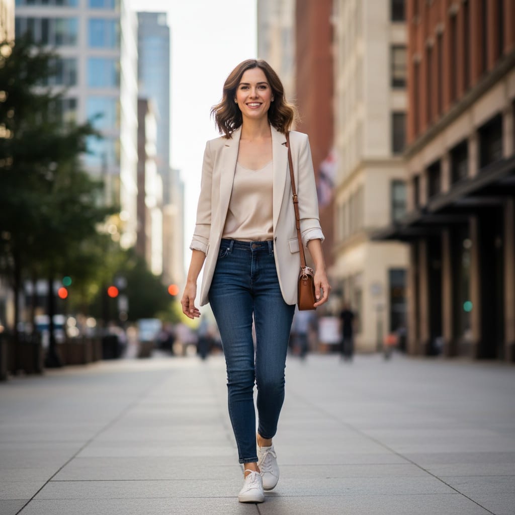 petite white woman walking urban environment 51049886