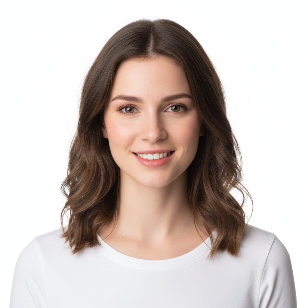 petite white woman white background full face 44924065