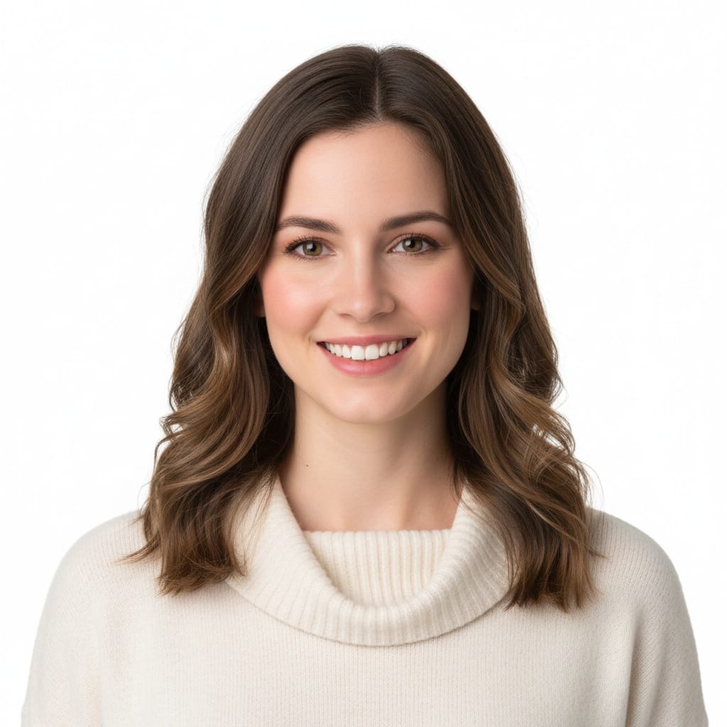 petite white woman white background slight smile 54735184