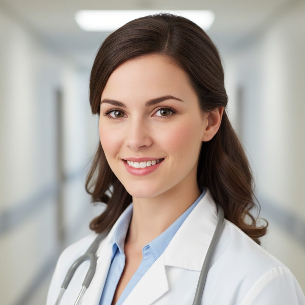 petite white woman white coat hospital background 96507666