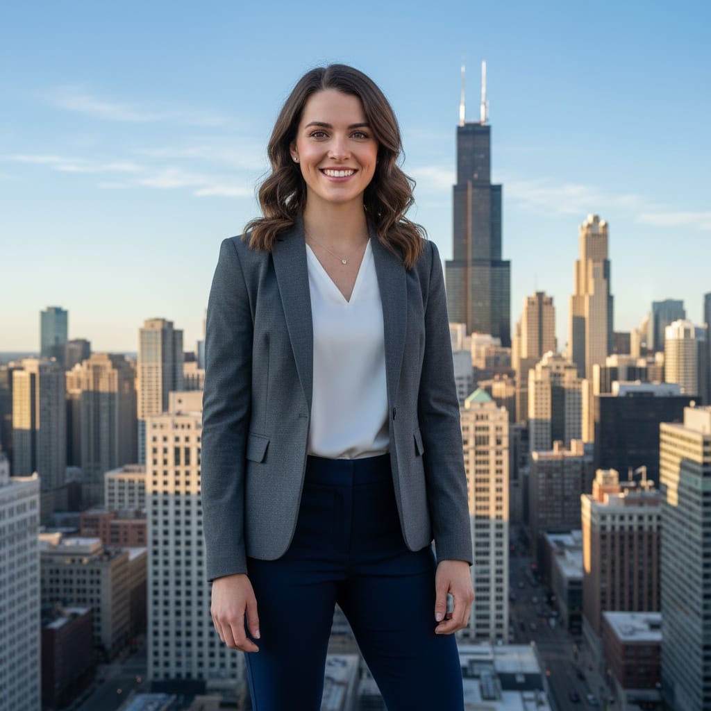 petite white woman willis tower skyline lookout 83124811