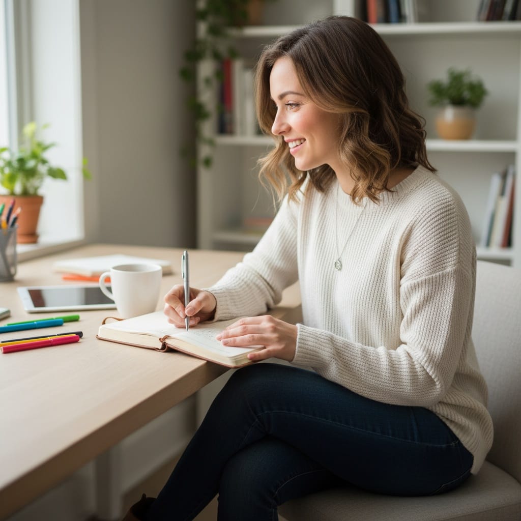 petite white woman writing notes journal closeup 41815021