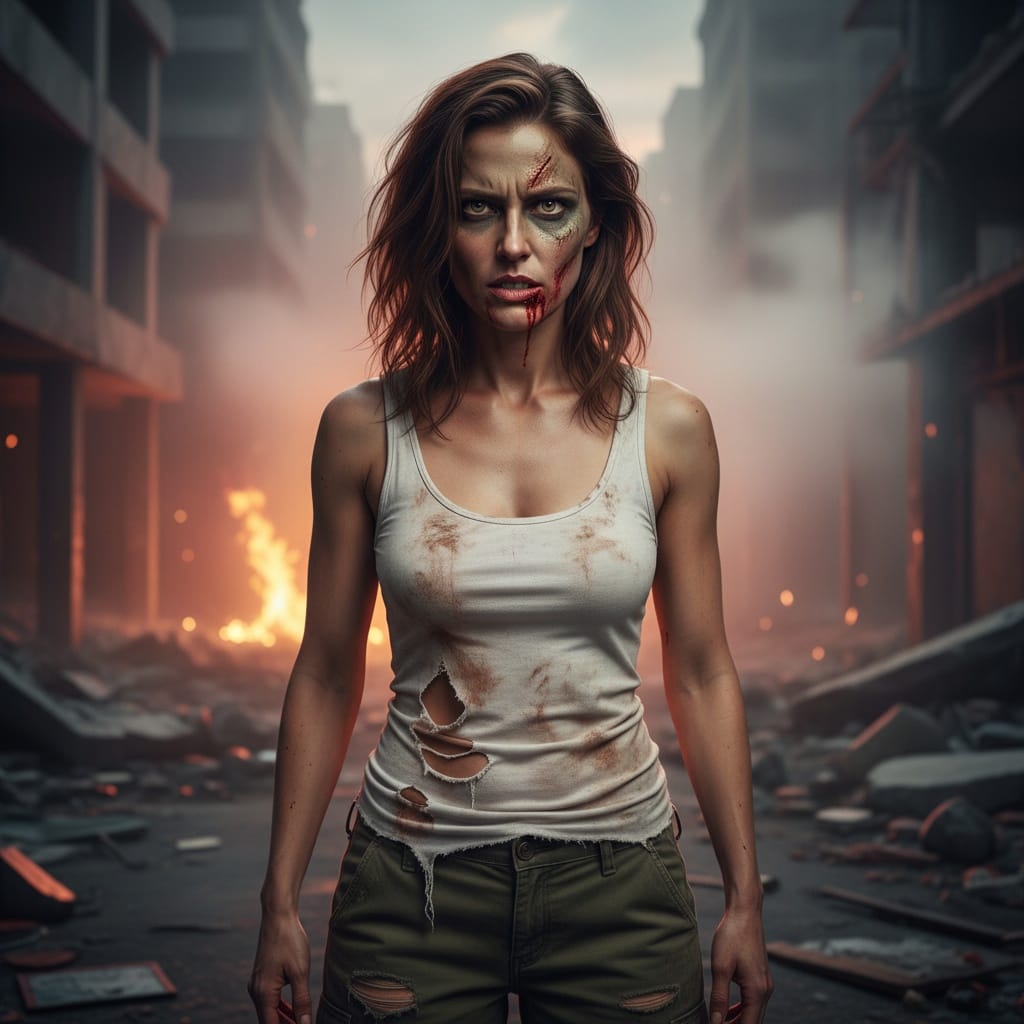 petite white woman zombie apocalypse survivor 88351745
