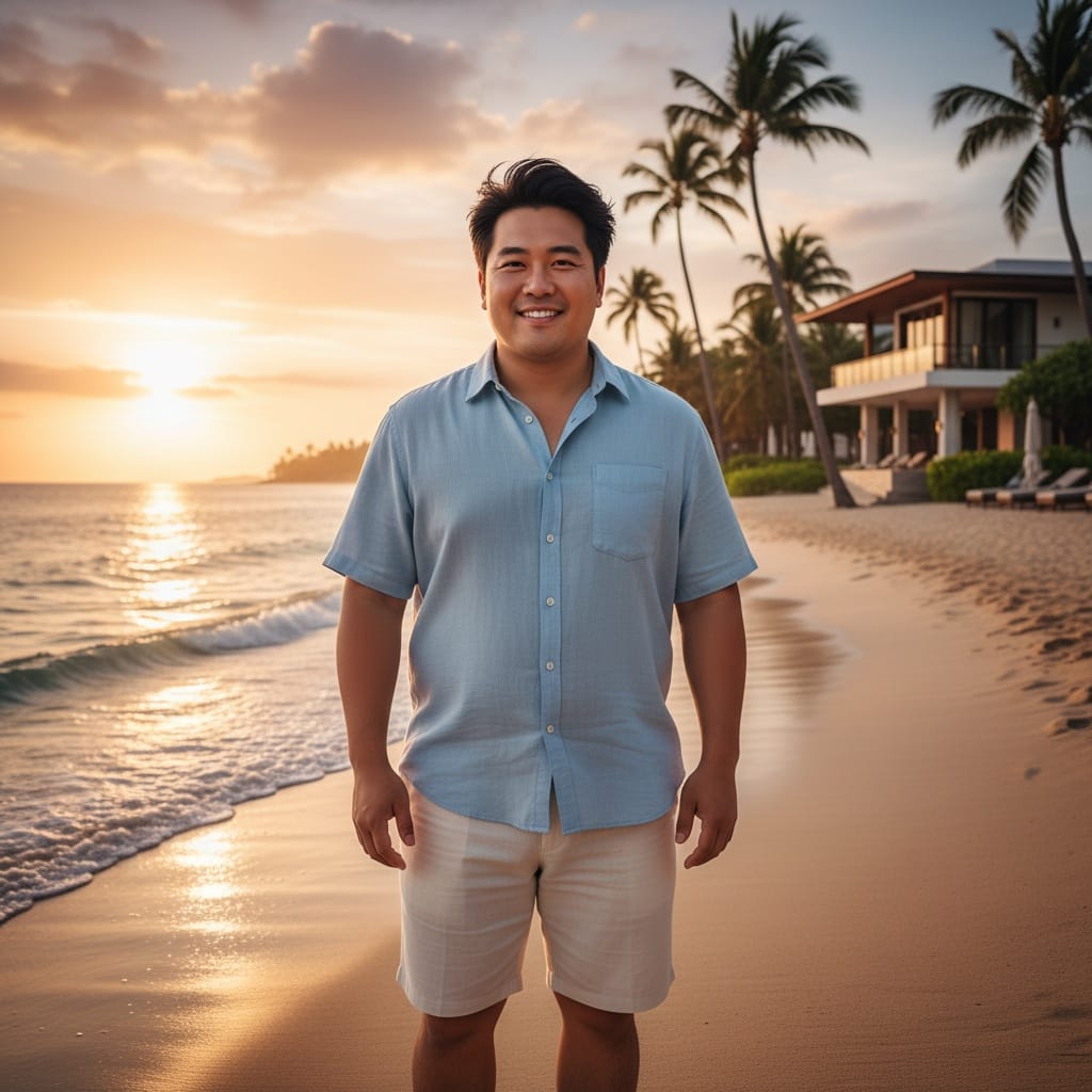 plus_size asian man beachfront exterior golden hour 77296472
