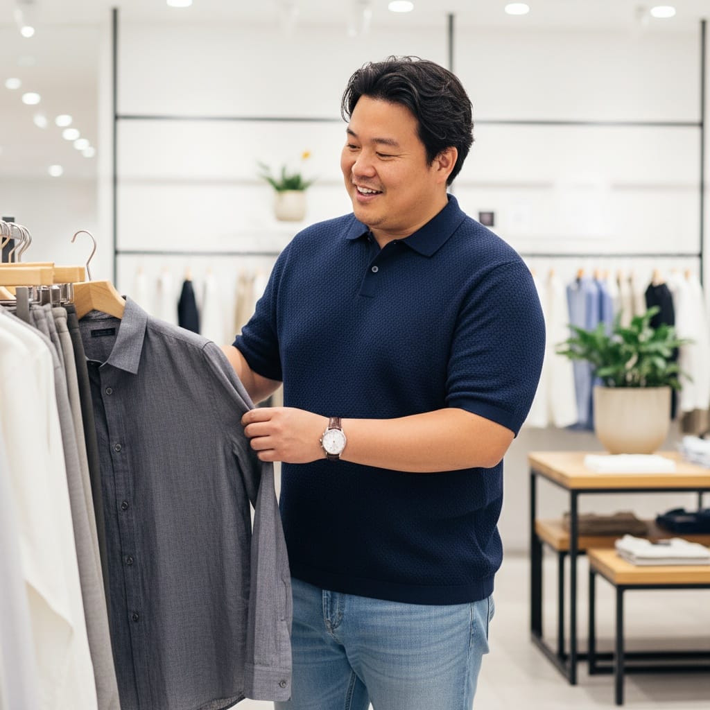 plus_size asian man boutique shopping scene 60932942