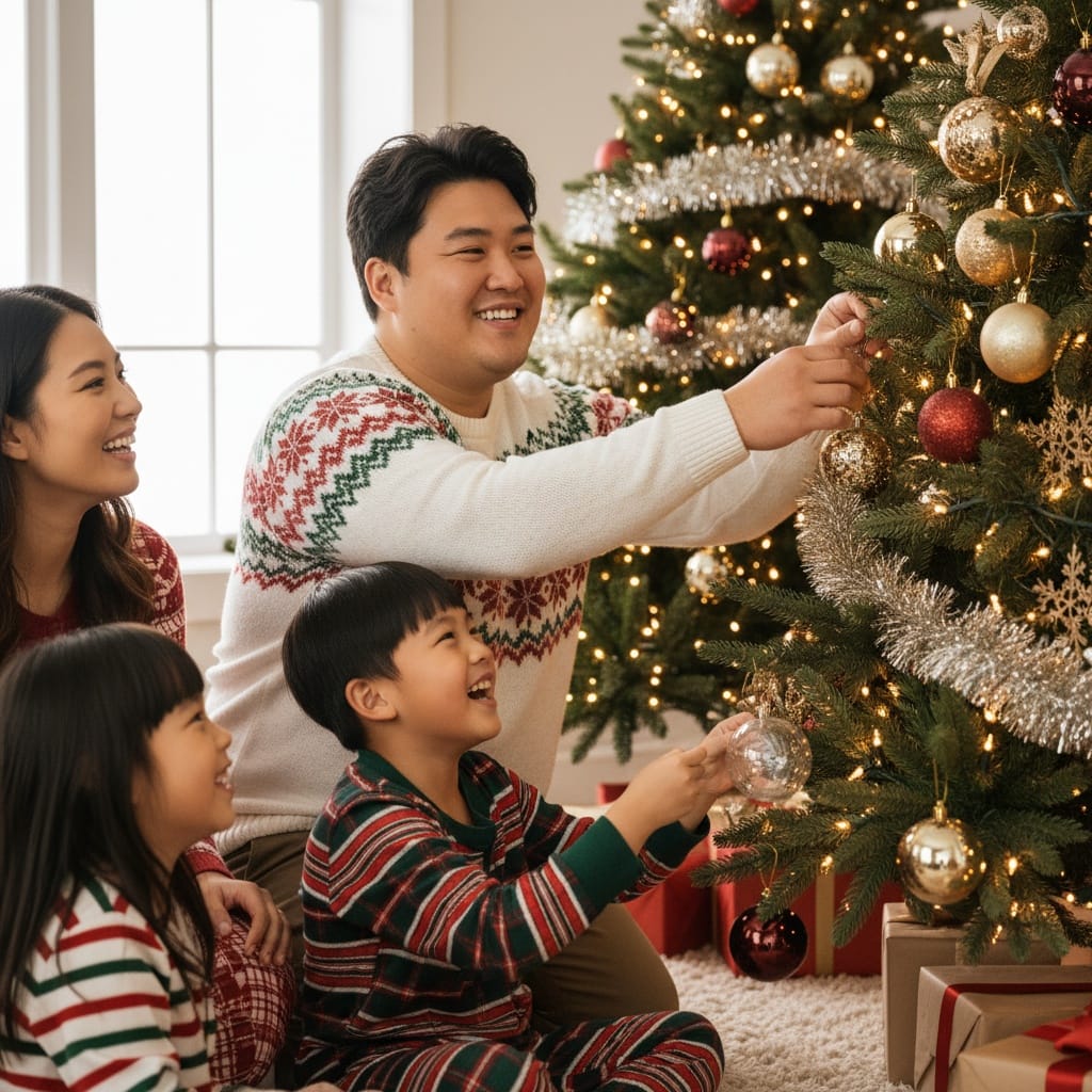 plus_size asian man candid tree decorating 95116751