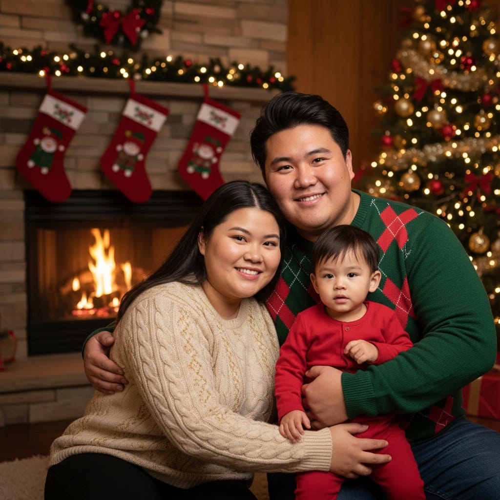 plus_size asian man cozy fireplace gathering 25081222