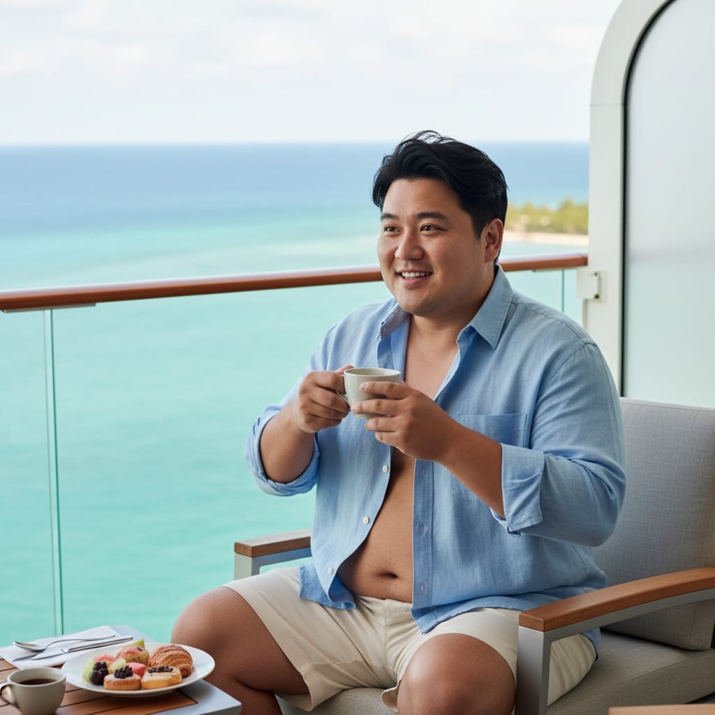 plus_size asian man cruise ship balcony morning 52679555