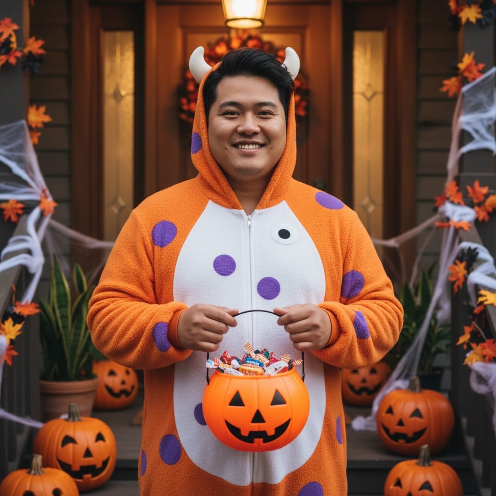 plus_size asian man trick or treat doorstep 99380817