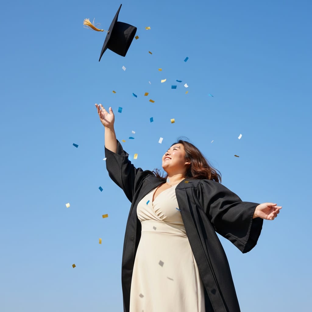 plus_size asian woman celebratory cap toss moment 76963402