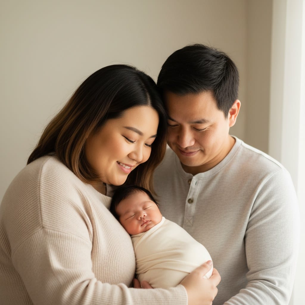 plus_size asian woman couple together with newborn 77694931