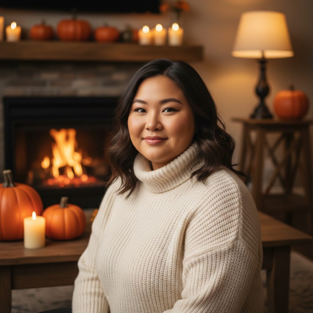 plus_size asian woman cozy fireplace thanksgiving 82289214