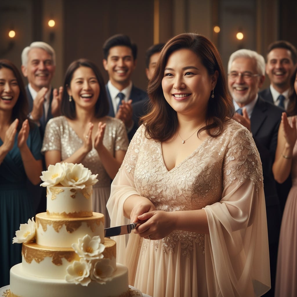 plus_size asian woman cutting retirement cake 85507596