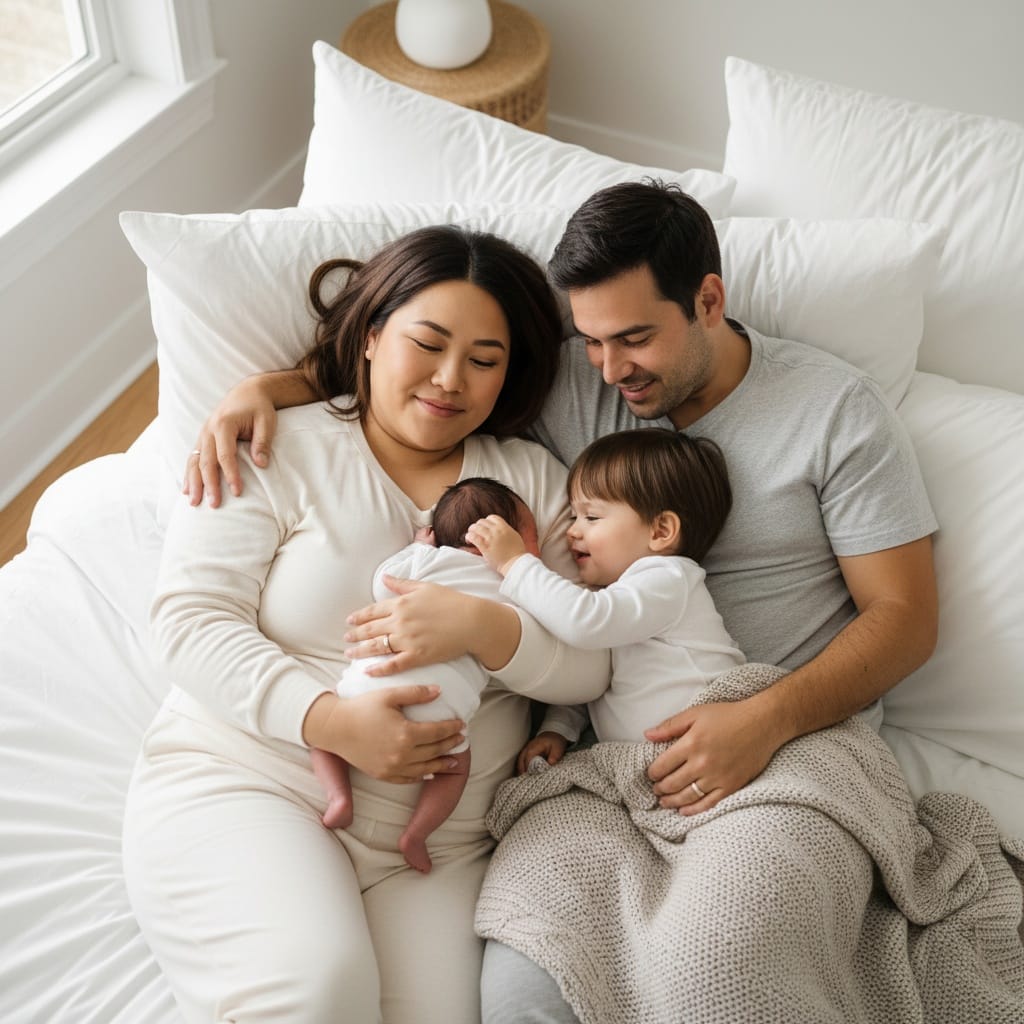 plus_size asian woman family on bed natural light 83675251