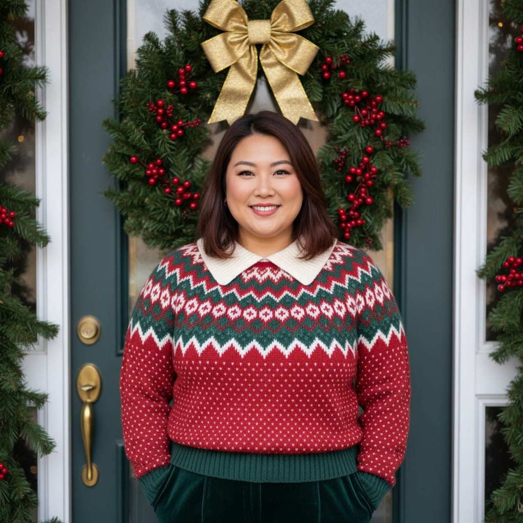 plus_size asian woman festive front door greeting 93596172