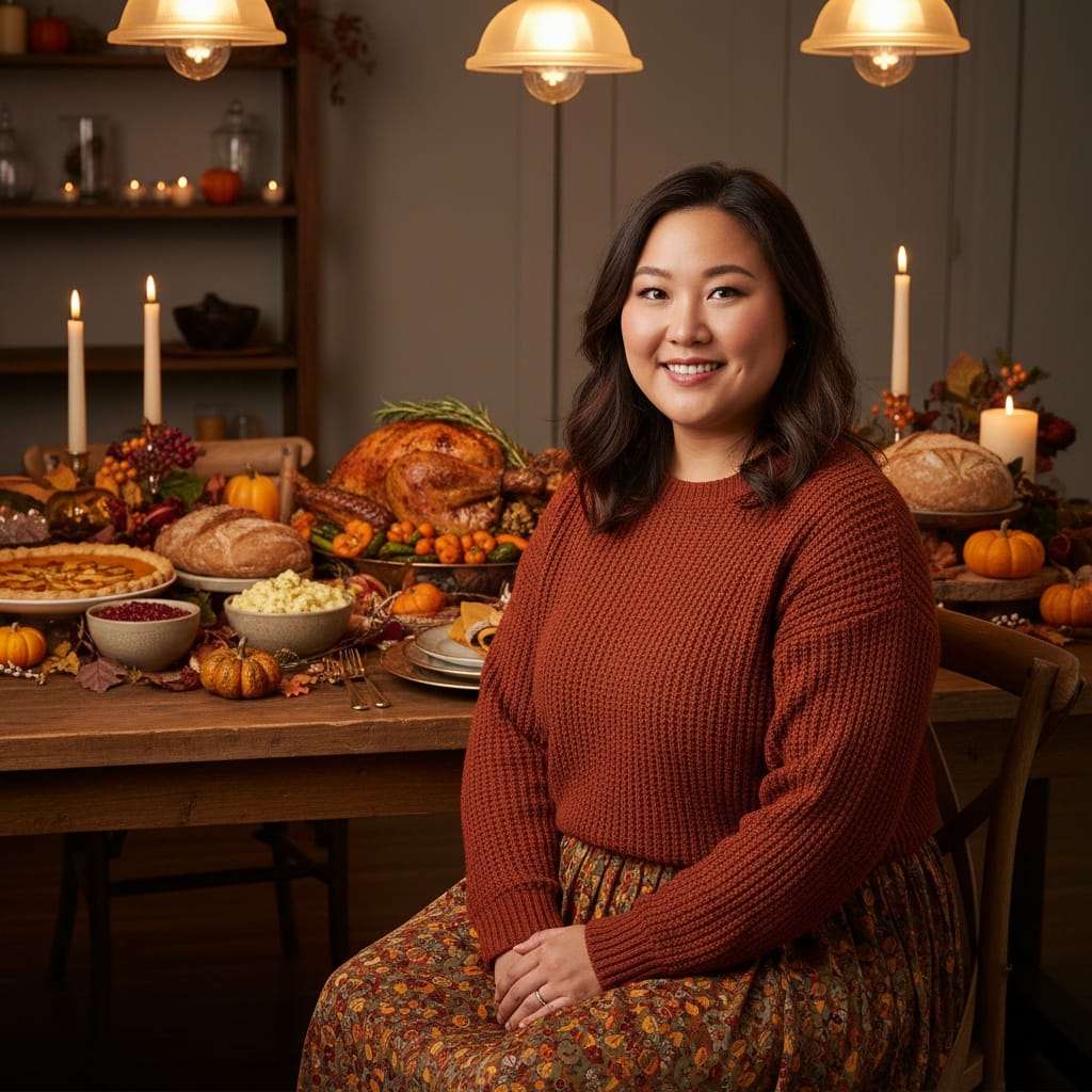 plus_size asian woman harvest table food portrait 22253502
