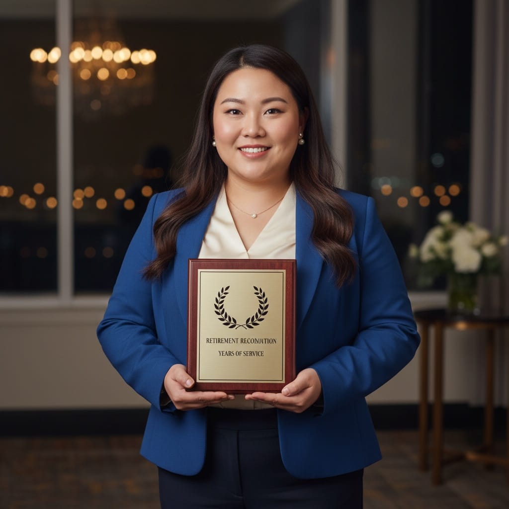plus_size asian woman holding retirement plaque 46917918