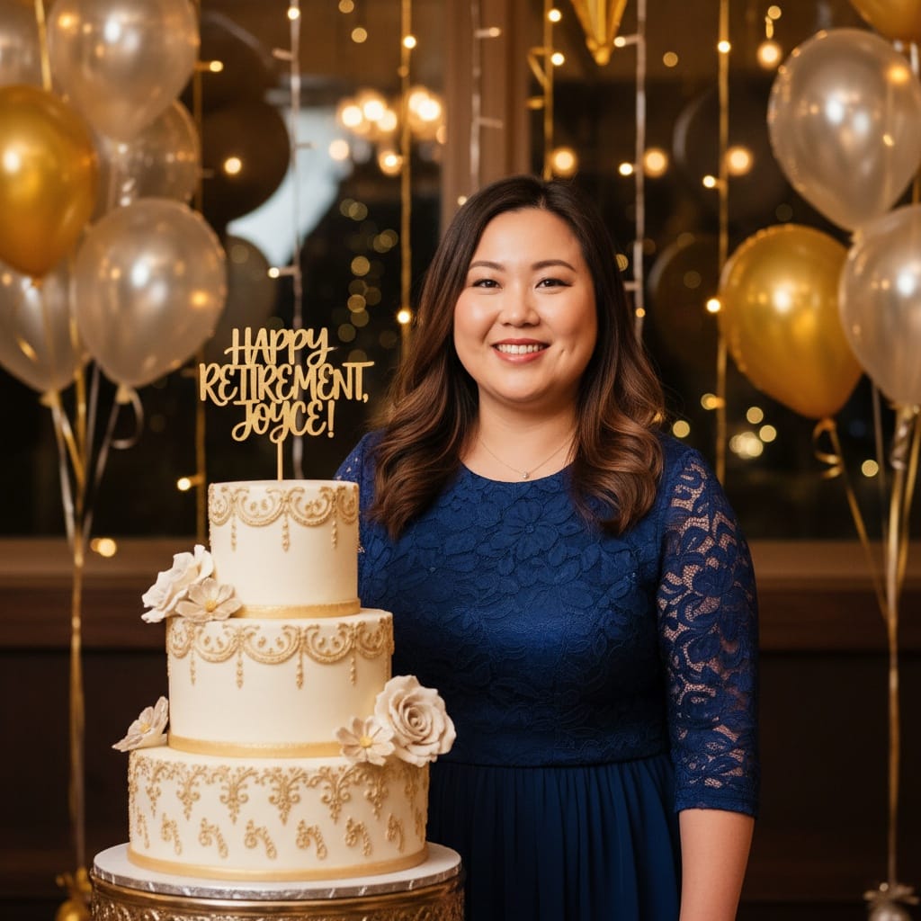 plus_size asian woman honoree portrait with cake 10732691