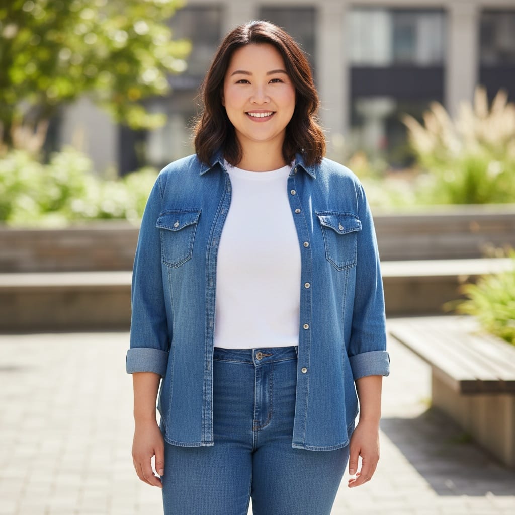 plus_size asian woman outdoor denim campaign 57075766