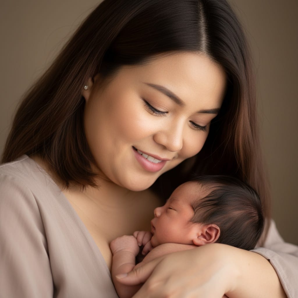 plus_size asian woman parent gazing at newborn 64071502