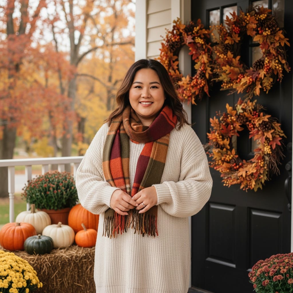 plus_size asian woman porch autumn welcome 57395734