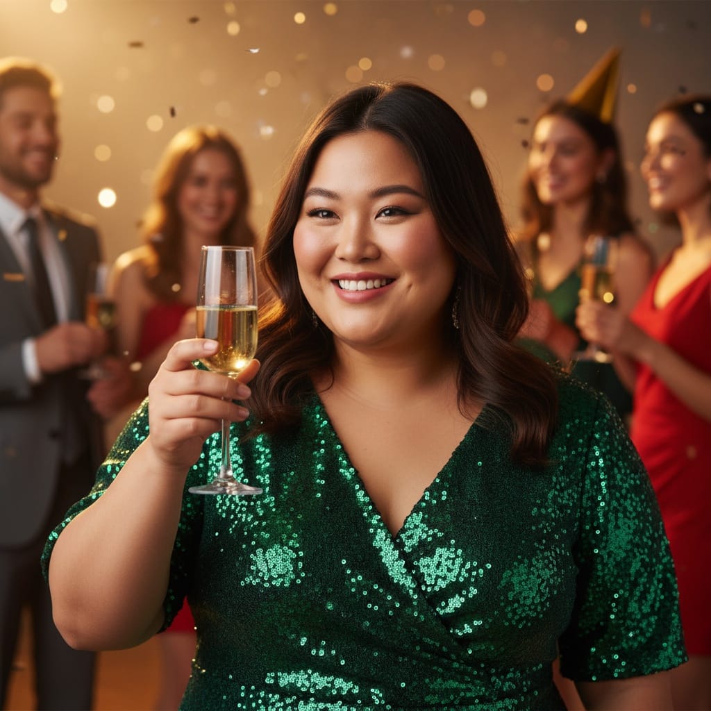 plus_size asian woman raising champagne toast 67572417
