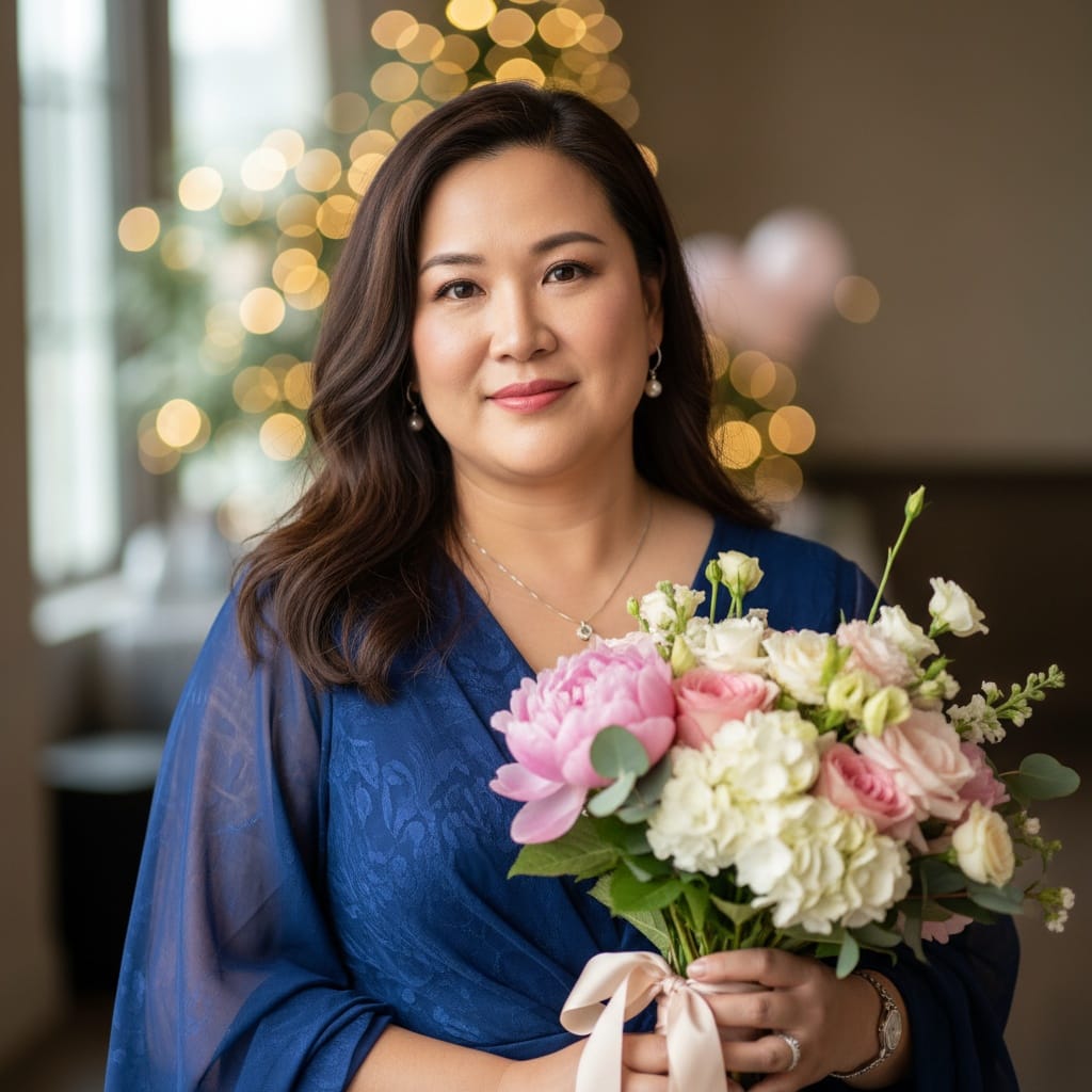 plus_size asian woman receiving flowers gift 50798650